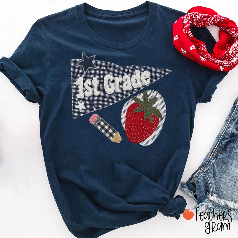 Personalized Grade Faux Patchwork Pennant Strawberry Pencil Teacher T-Shirt