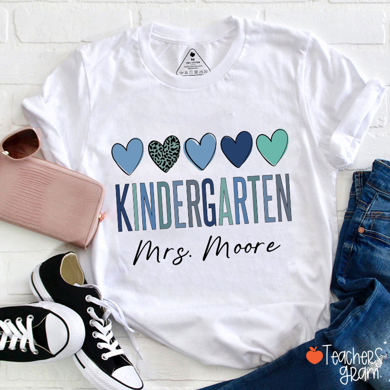 Personalized Blue Hearts Grade And Name Teacher T-Shirt