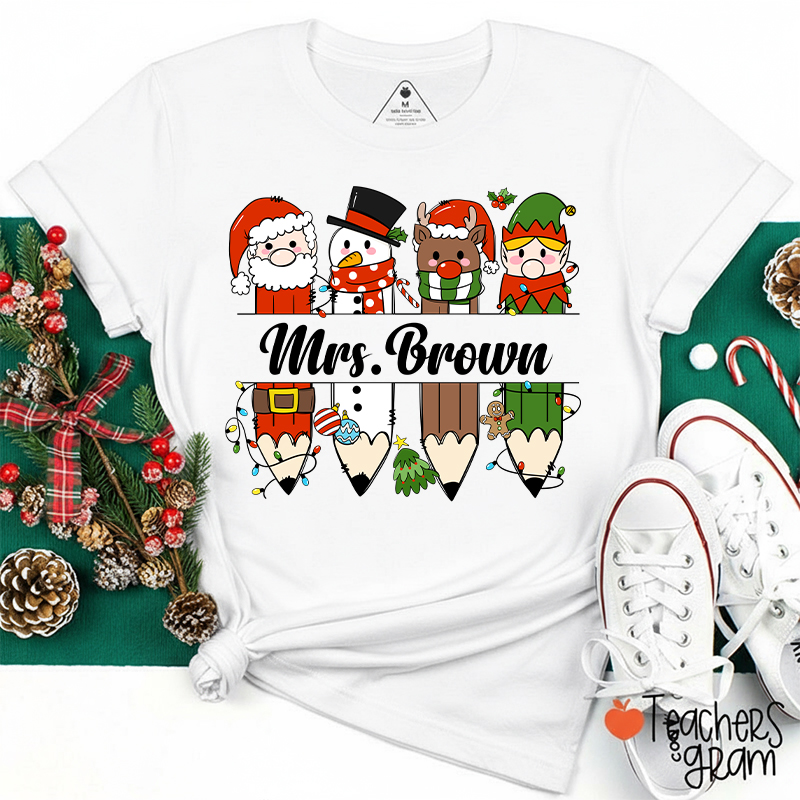 Personalized Name Christmas Cartoon Characters Pencil Teacher T-Shirt