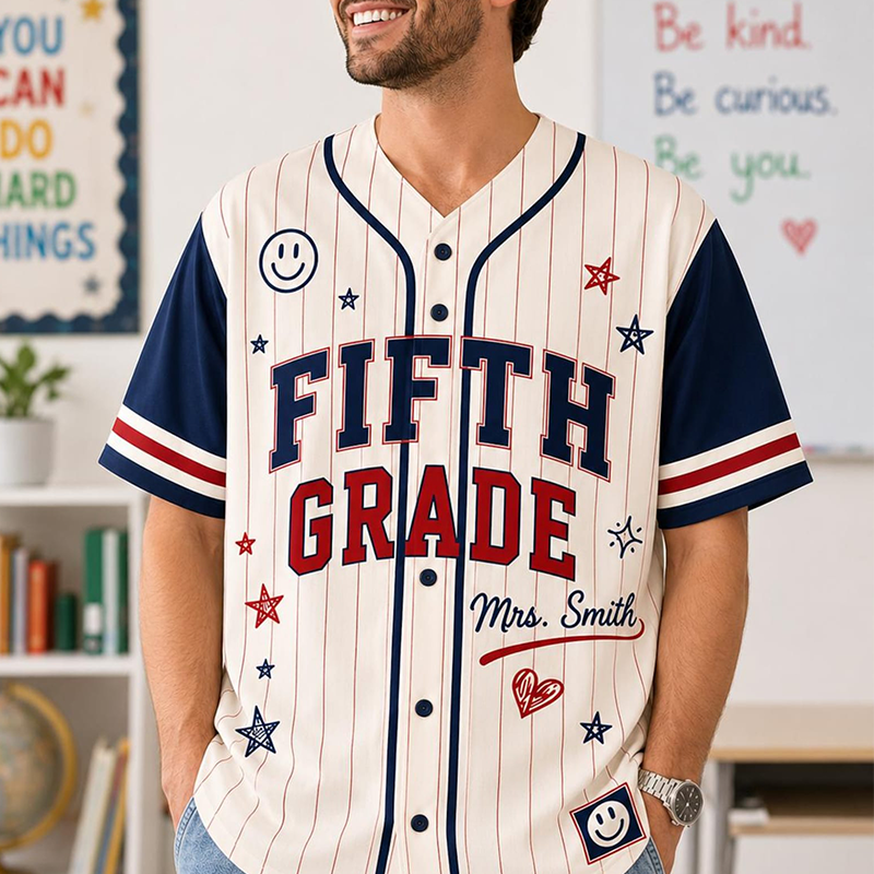 Personalized Grade Striped Star Smile Print Teacher Baseball Jersey