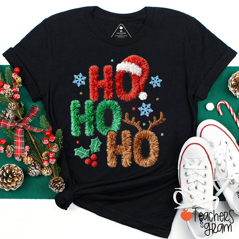 Faux Embroidery Yarn Ho Ho Ho Christmas Teacher T-Shirt