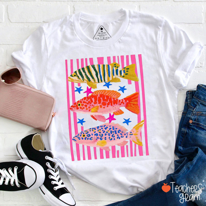 Colorful Maximalist Tropical Fish Trio Teacher T-Shirt