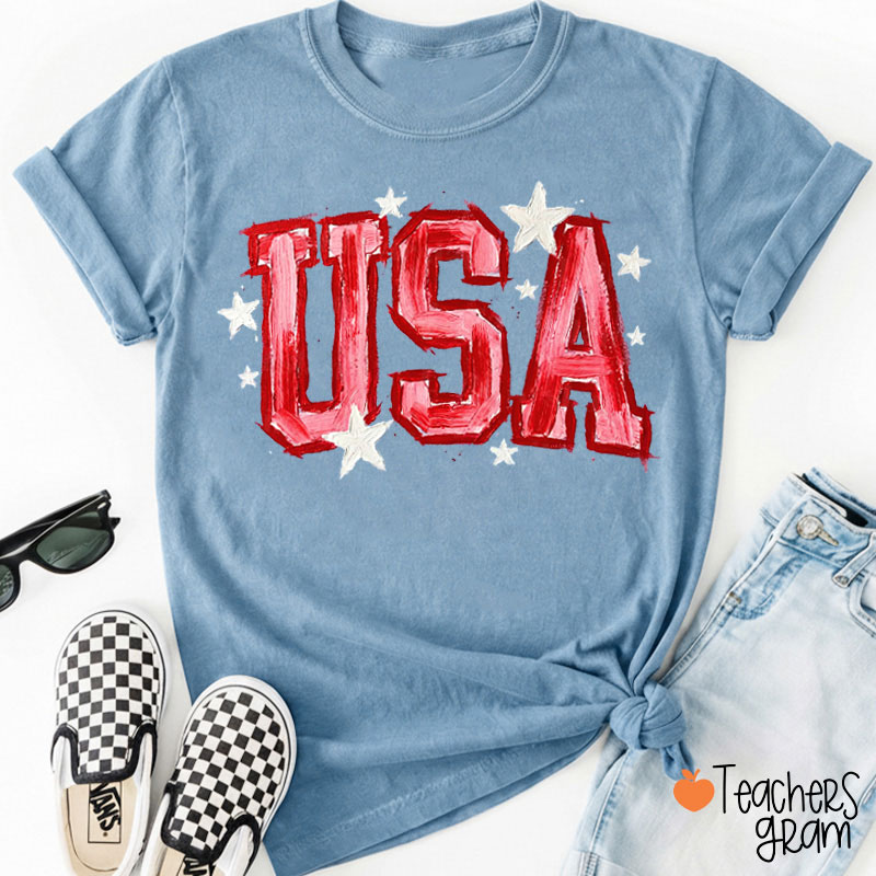 Watercolor Brushstroke Style USA Patriotic Teacher T-Shirt