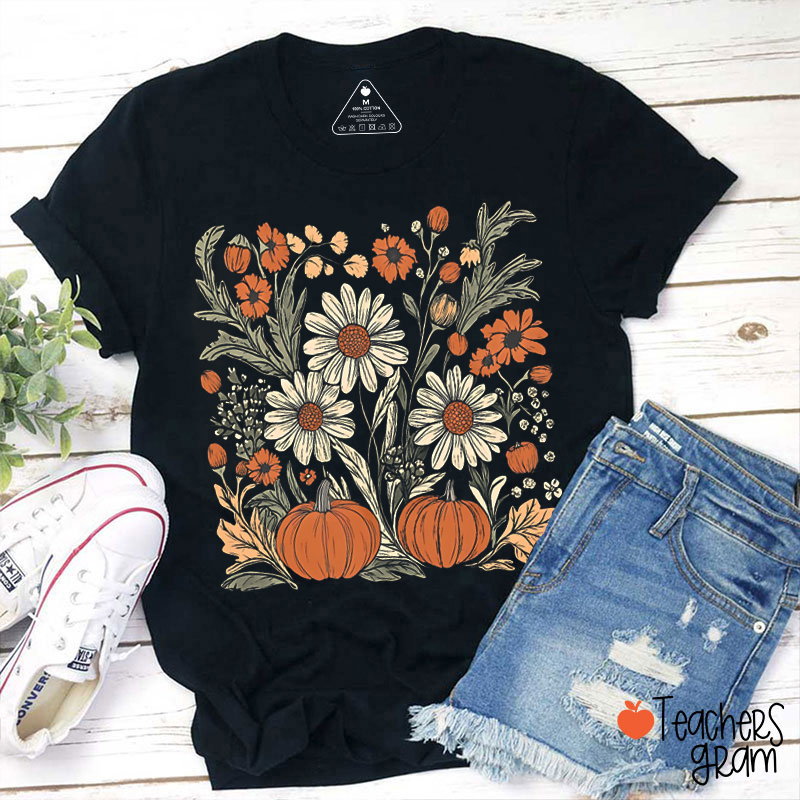 Boho Fall Floral Pumpkin Teacher T-Shirt