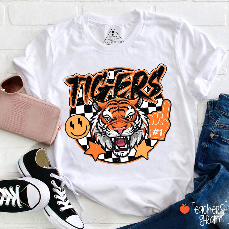 Personalized Mascot Checkerboard Cheer Teacher T-Shirt