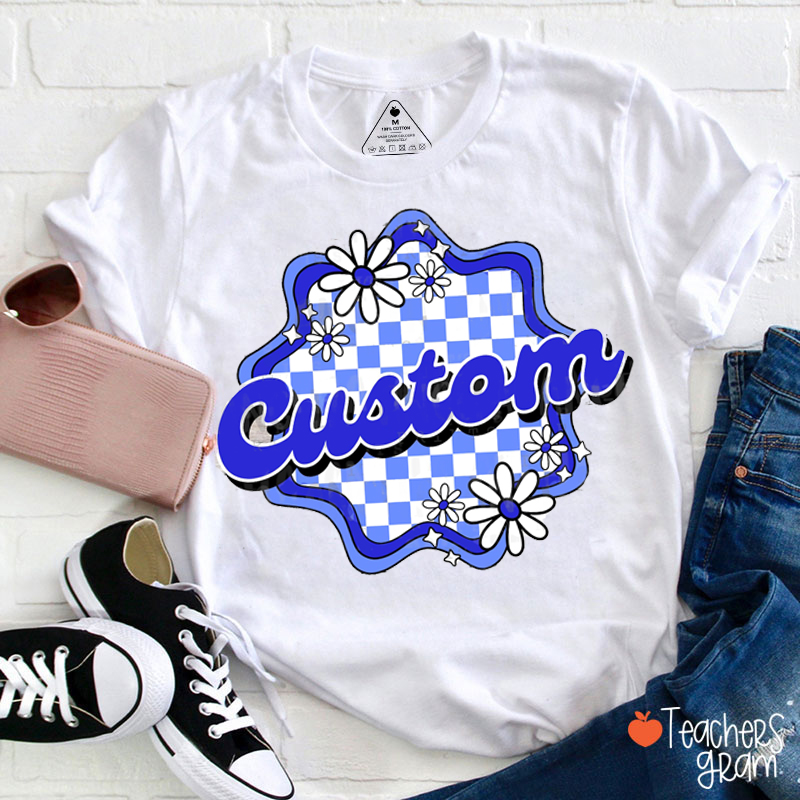 Personalized Mascot Retro Groovy Checkered Flower  School Spirit Teacher T-Shirt