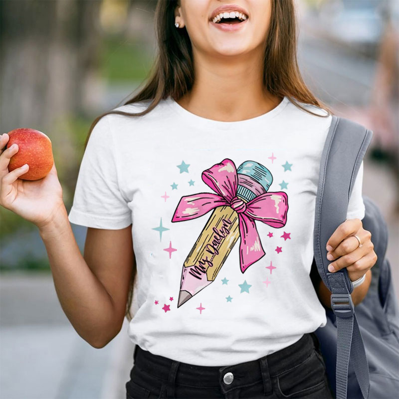 Personalized Bow Pencil Teacher Name Teacher T-Shirt