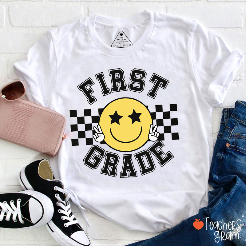 Personalized Grade Checkered Smiley Face Teacher T-Shirt