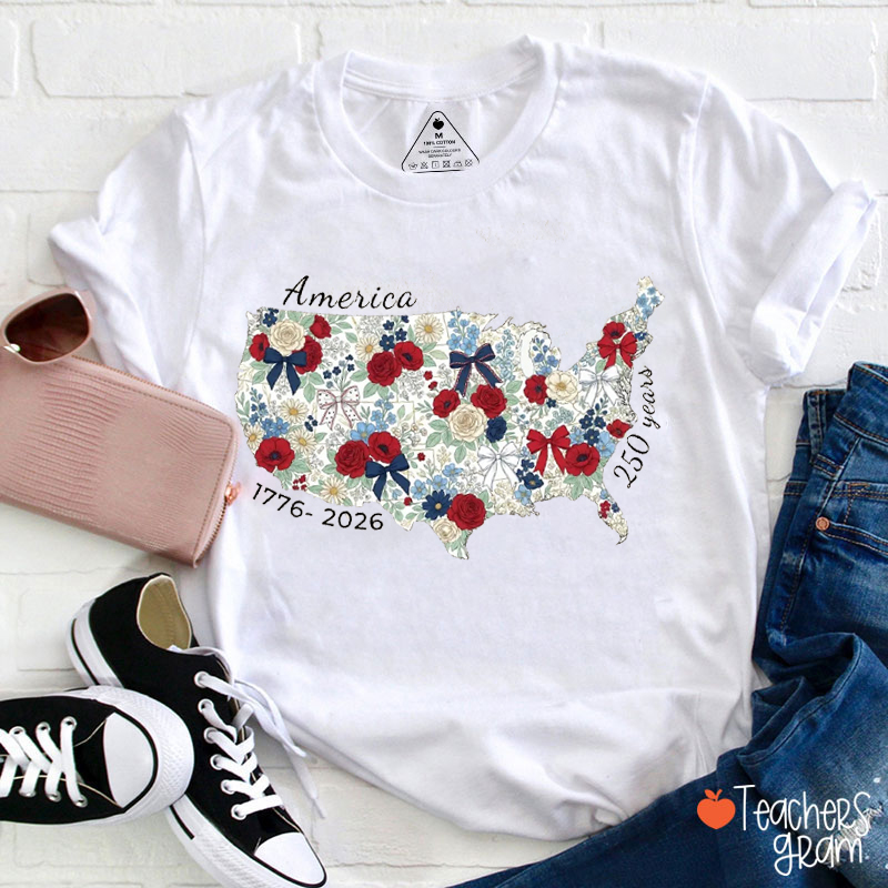 Floral Map Patriotic Anniversary Teacher T-Shirt