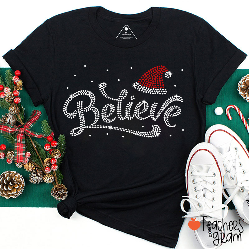 Sparkling Believe Santa Hat Teacher T-Shirt