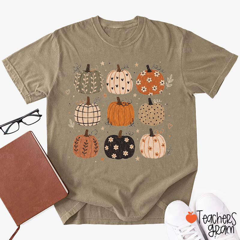 Fall Floral Pumpkin Grid Teacher T‑Shirt