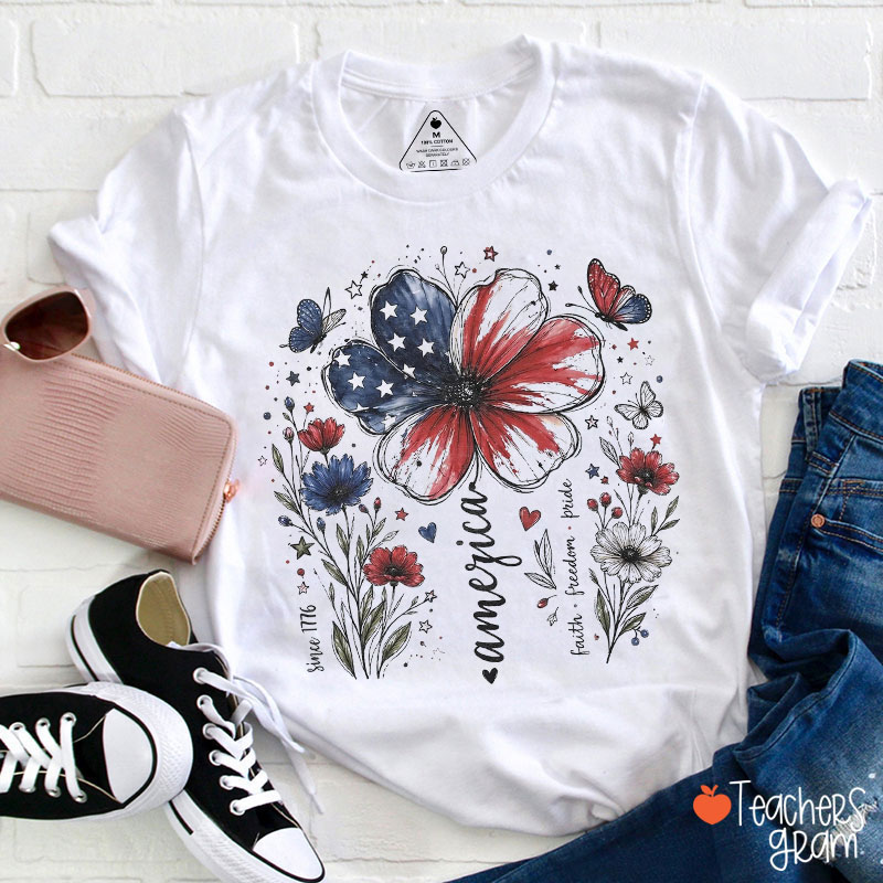 American Flag Flower Faith Freedom Pride Since 1776 Teacher T-Shirt