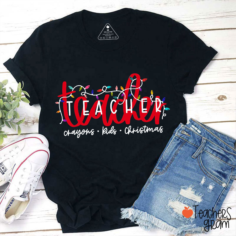 Christmas Lights Teacher Crayons Kids Teacher T-Shirt