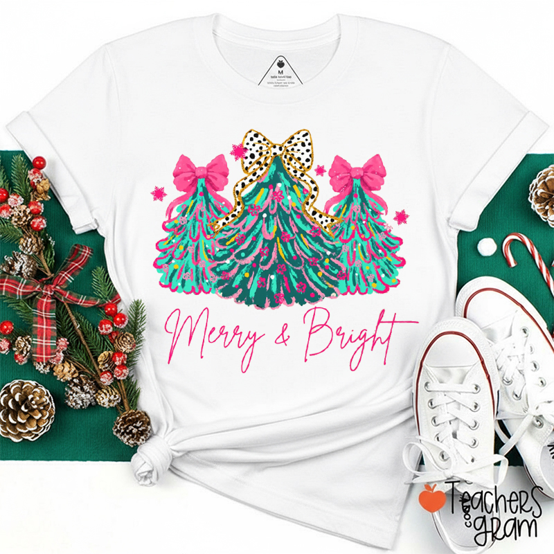 Merry And Bright Watercolor Christmas Tree Teacher T-shirt