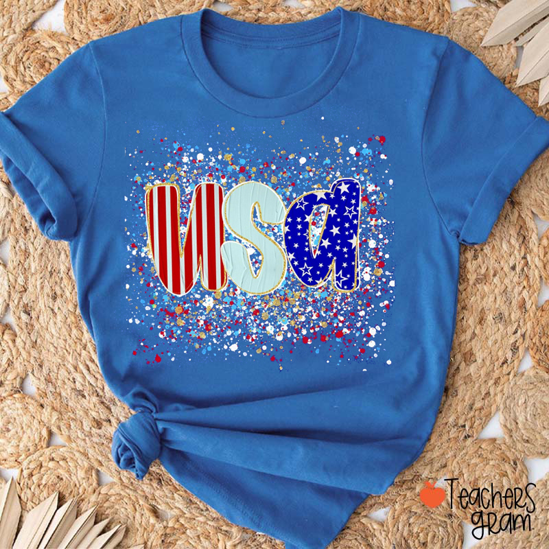Watercolor Splatter USA Patriotic Teacher T-Shirt