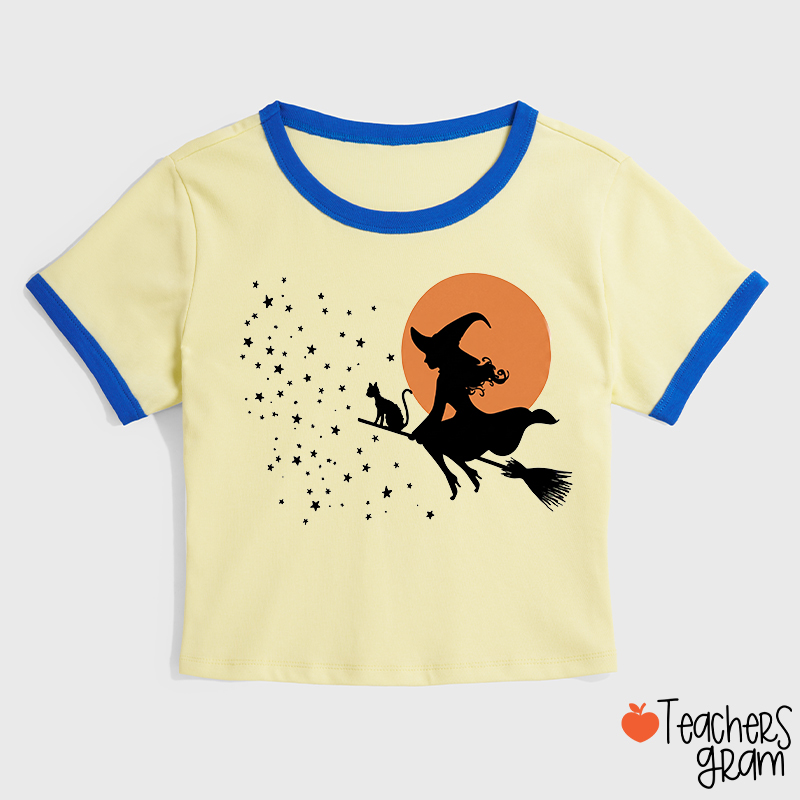 Witch On Broomstick Black Cat Moon Stars Teacher Ringer T-Shirt