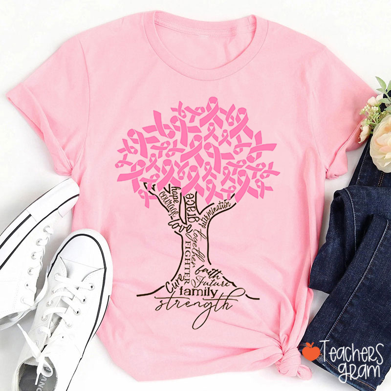 Pink Ribbon Tree Breast Cancer Teacher T-Shirt