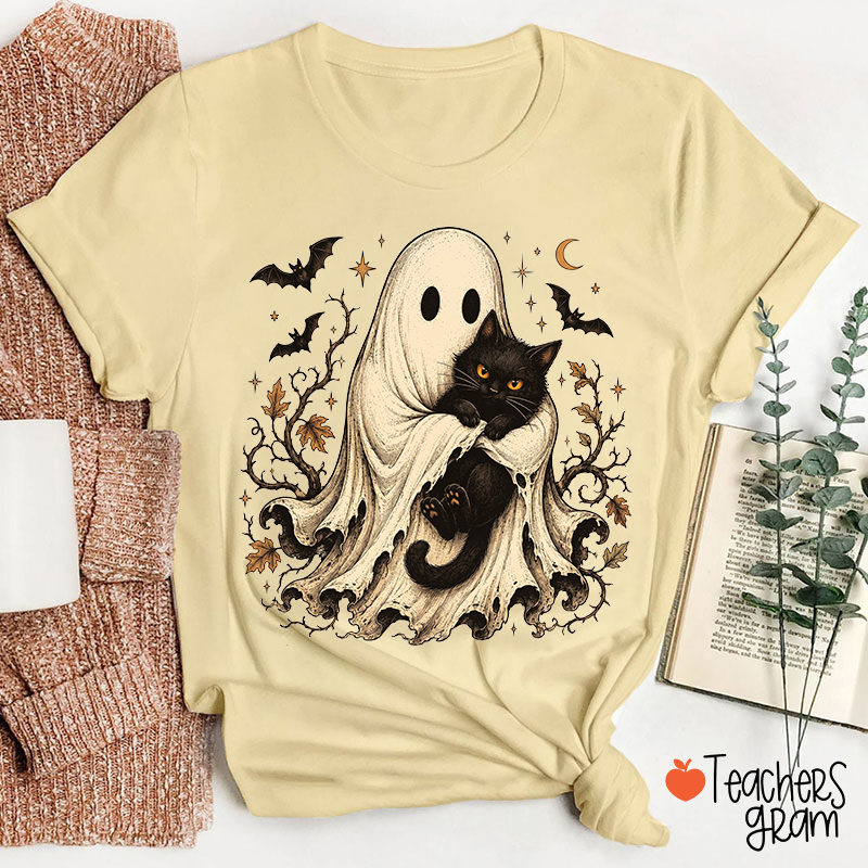 Retro Ghost Hug Black Cat Teacher T-Shirt