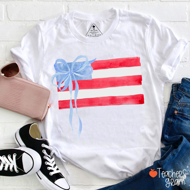 Preppy Bow American Flag Teacher T-Shirt