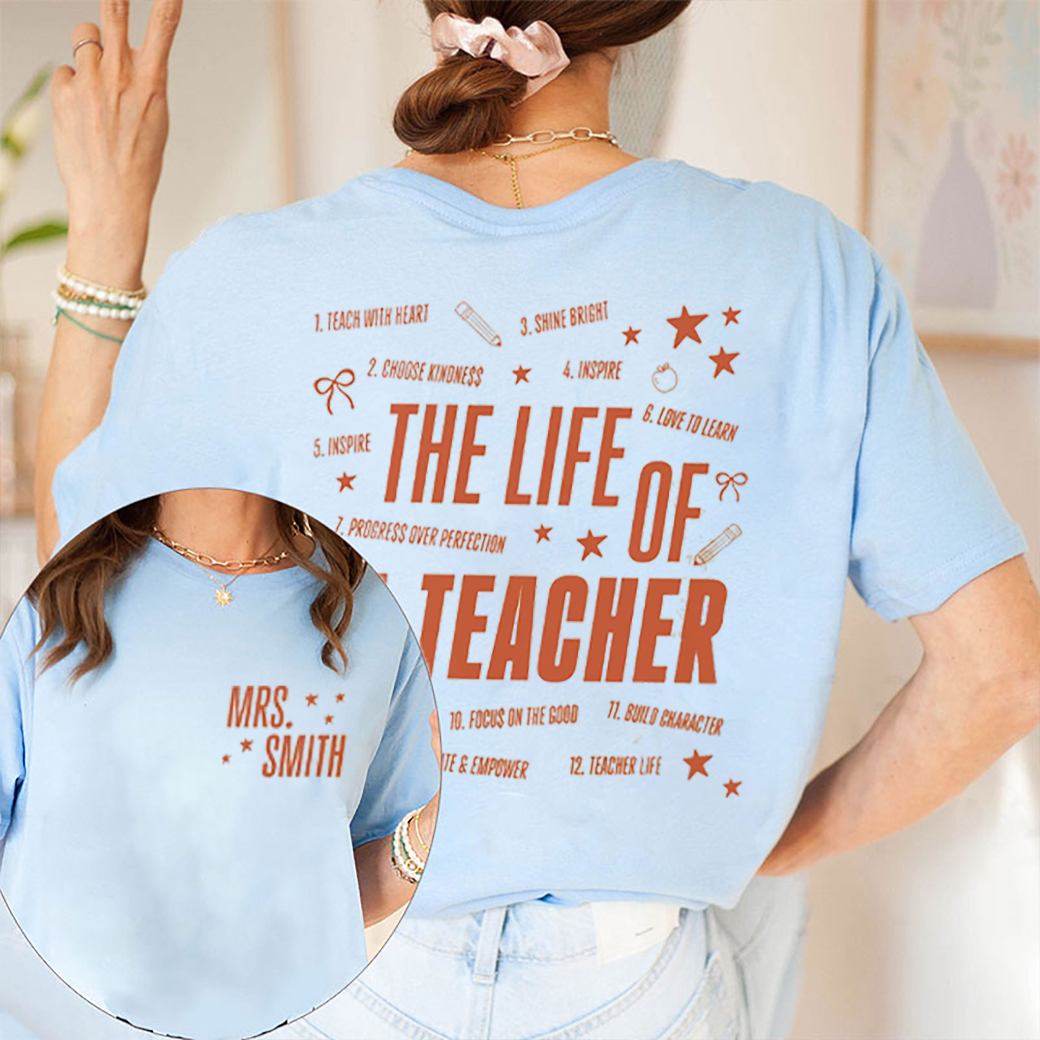 Personalized Name The Life Of A Teacher Orange Era Teacher Two Sided T-Shirt
