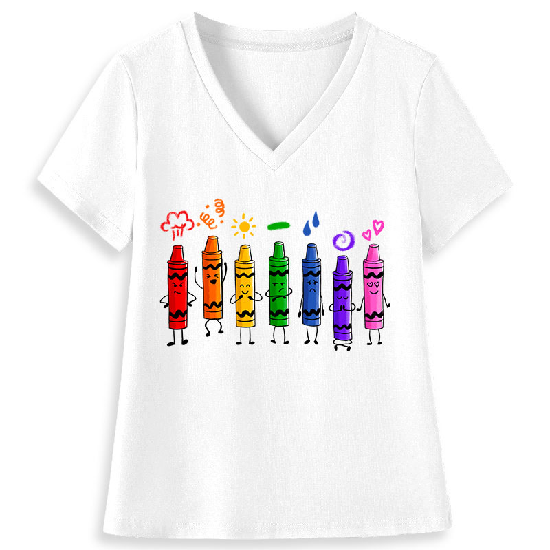 Mood Color Crayons Teacher Female V-Neck T-Shirt
