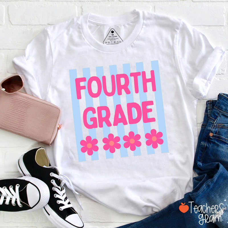Personalized Grade Preppy Stripes Flowers Teacher T-Shirt