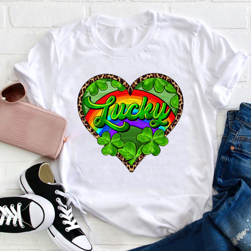 Leopard Lucky Heart Teacher T-Shirt