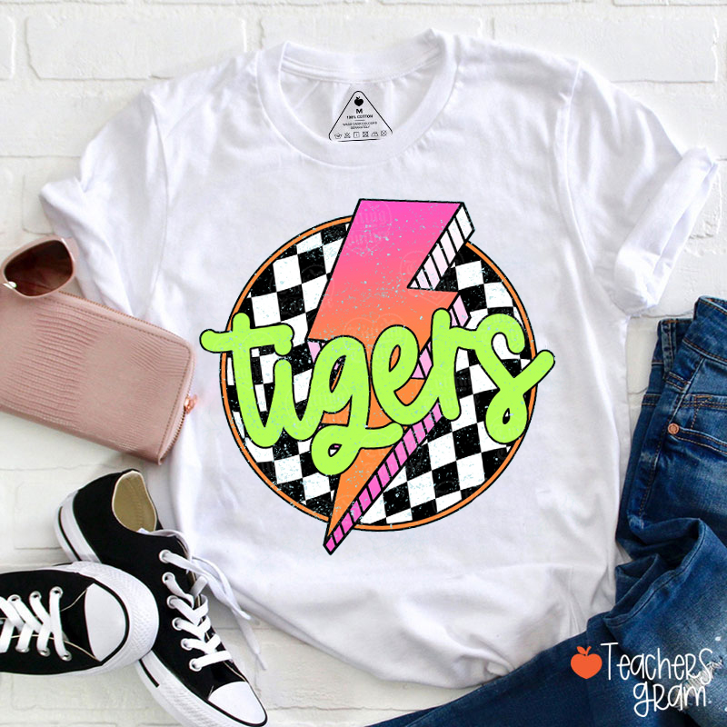 Personalized Mascot Checkered Circle Lightning Teacher T-Shirt