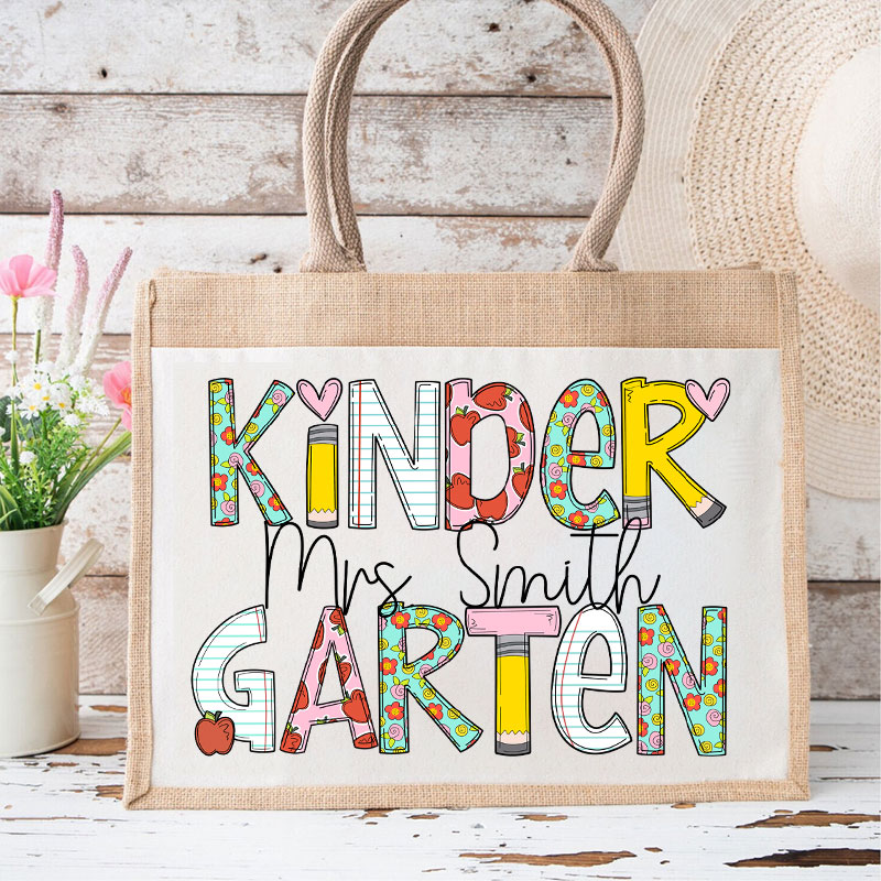 Personalized Natural Flowers Grade Teacher Jute Lunch Bag