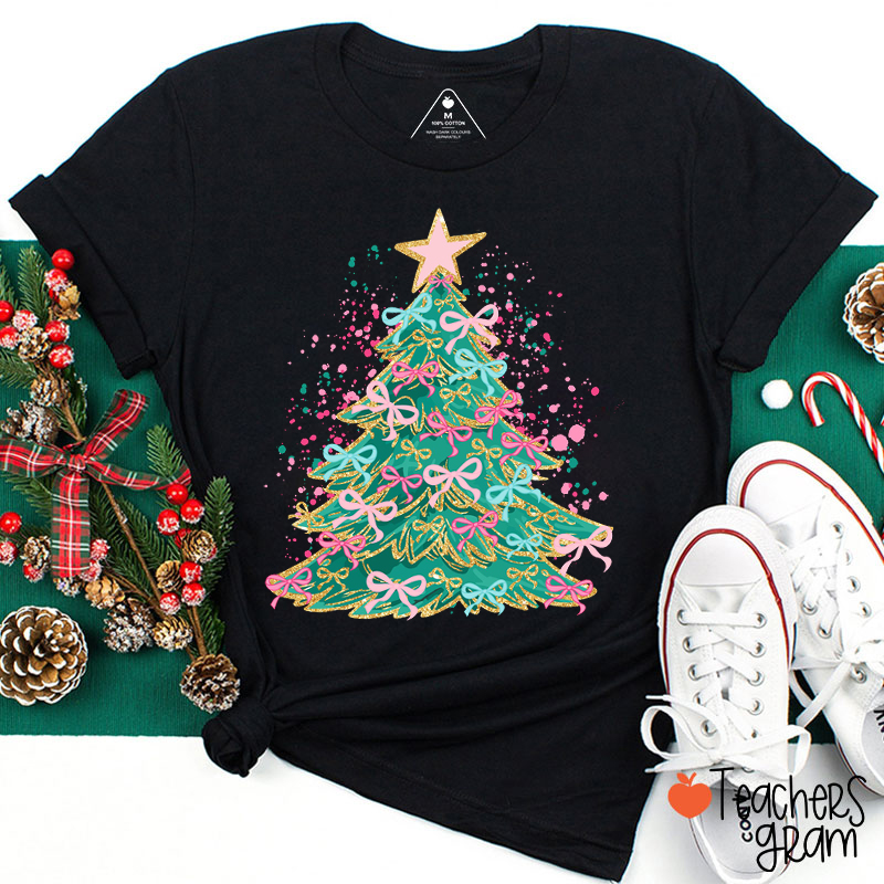 Faux Glitter Christmas Tree Coquette Bow Teacher T-Shirt