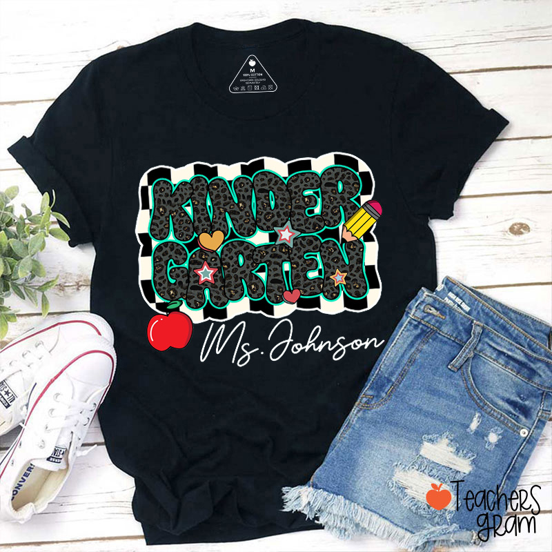 Personalized Grade And Name Checkered Leopard Teacher T-Shirt