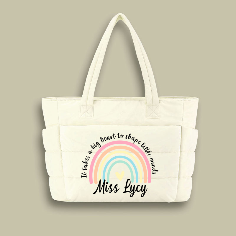 Personalized It Take A Big Heart To Shape Little Minds Teacher Puffy Tote Bag