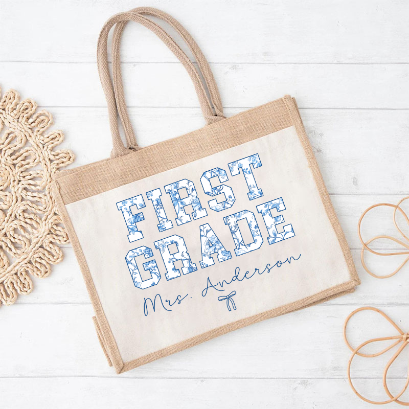Personalized Name And Grade Trendy Teacher Jute Lunch Bag