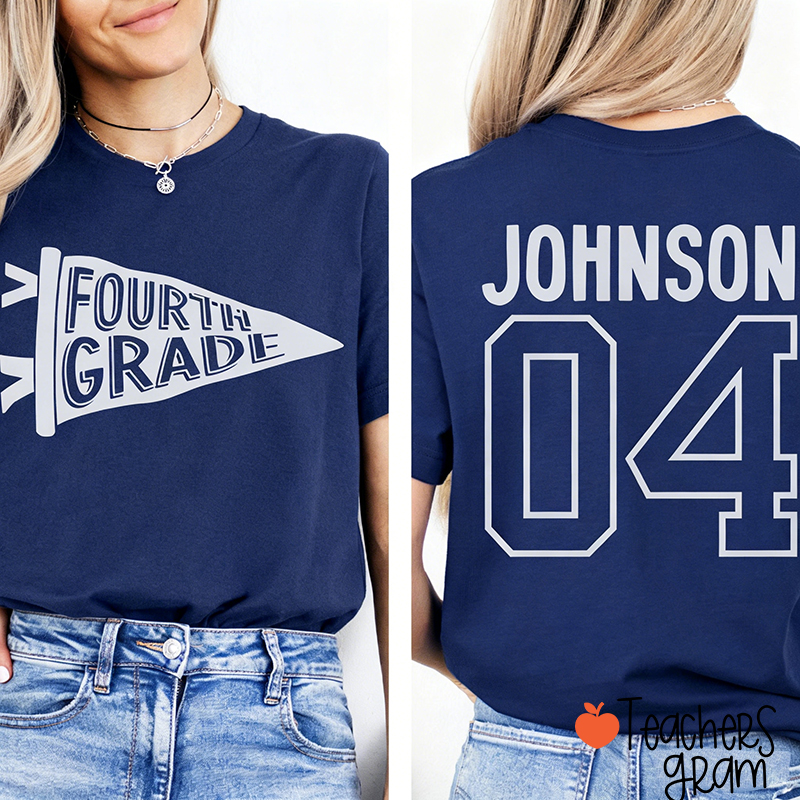 Personalized Name And Grade Pennant Back To School Teacher Two Sided T-Shirt