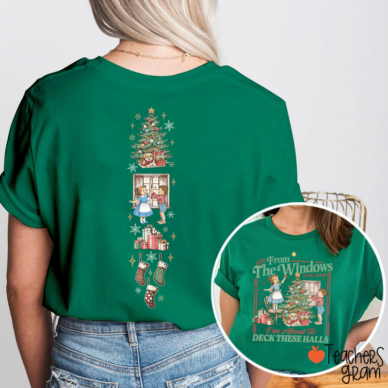 Retro Kids Decorating Christmas Tree Double Sided Graphic Teacher Two Sided T-Shirt