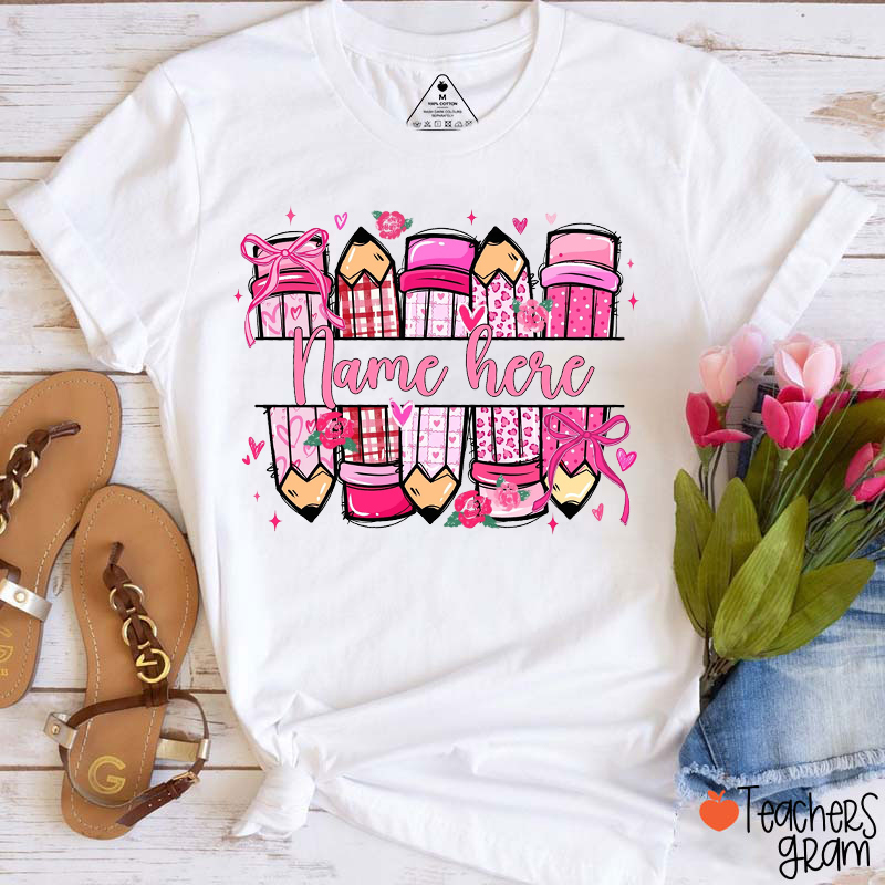 Personalize Valentine Coquette Bow Pencil Teacher T-Shirt