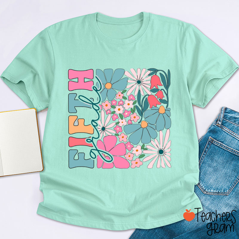 Personalized Colorful Flower And Grade Teacher T-Shirt
