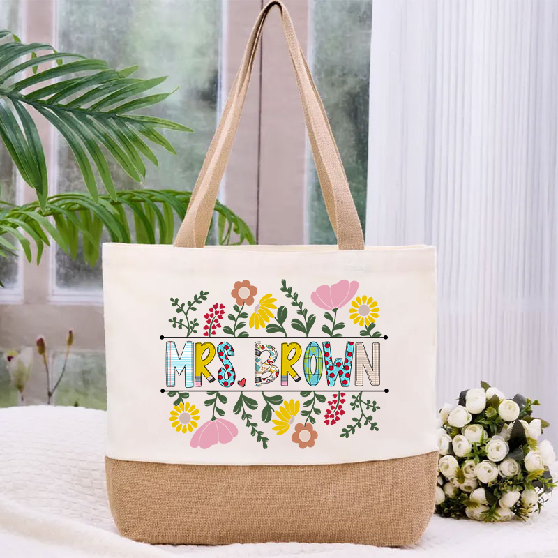 Personalized A Cluster Of Blooming Flowers Teacher Canvas Tote Bag