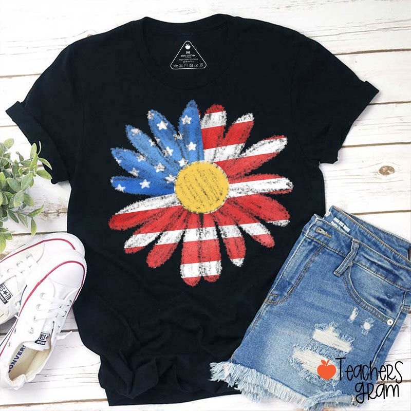 American Flag Daisy Teacher T-Shirt