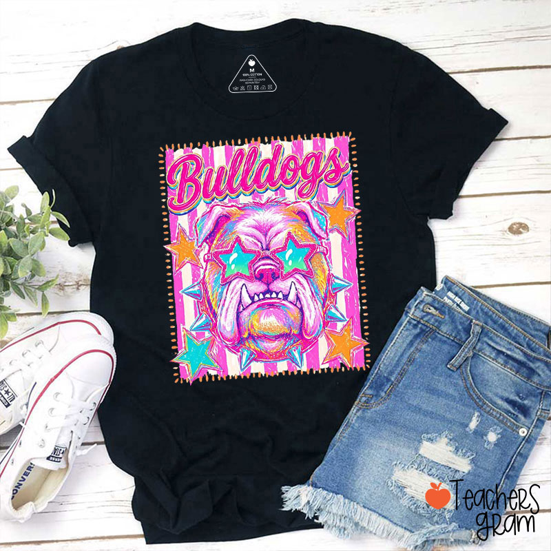 Personalized Mascot Neon Pink And Teal Star Sunglasses Teacher T-Shirt
