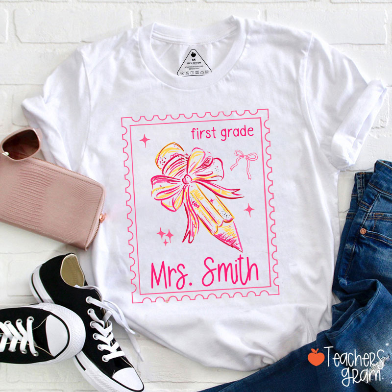 Personalized Grade And Name Stamp Pencil Teacher T-Shirt