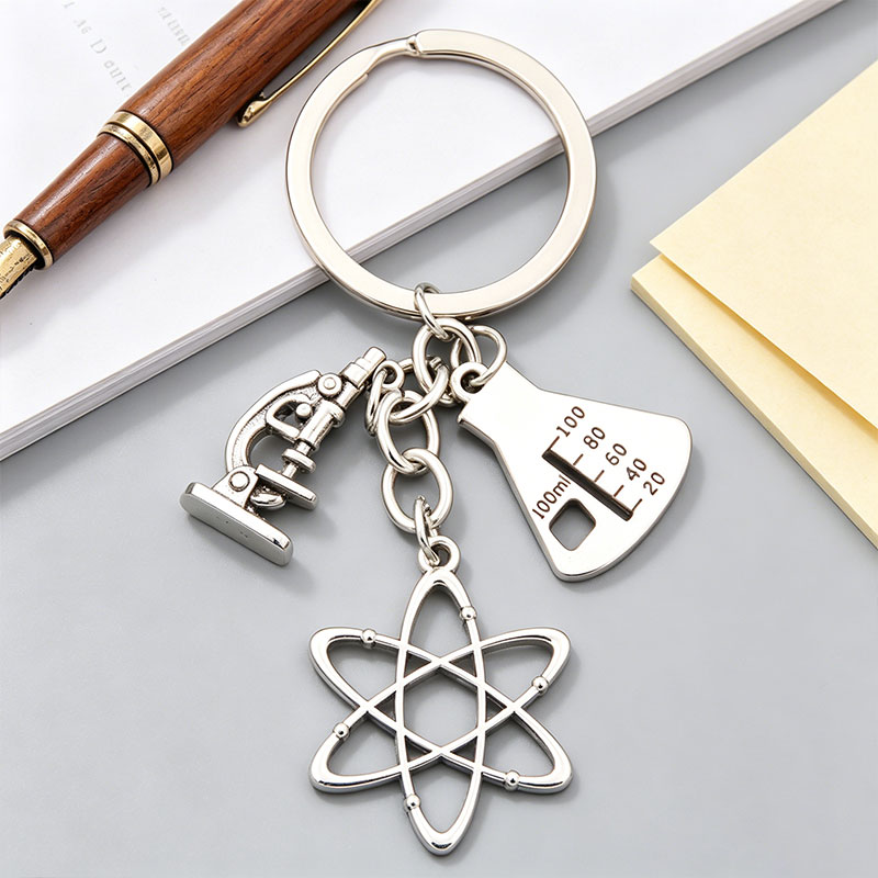 Microscope Flask And Atom Symbol Science Teacher Keychain