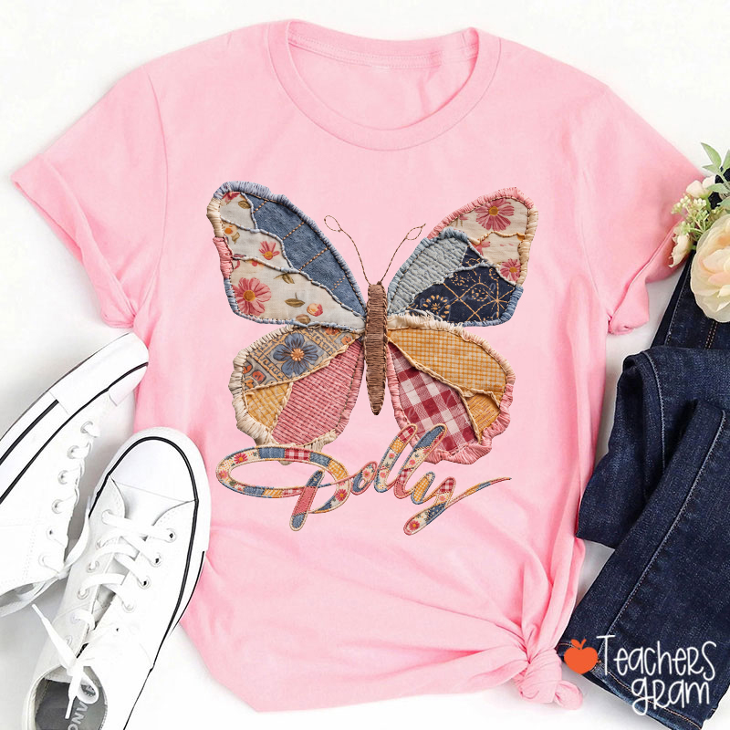 Faux Patchwork Butterfly Teacher T‑Shirt