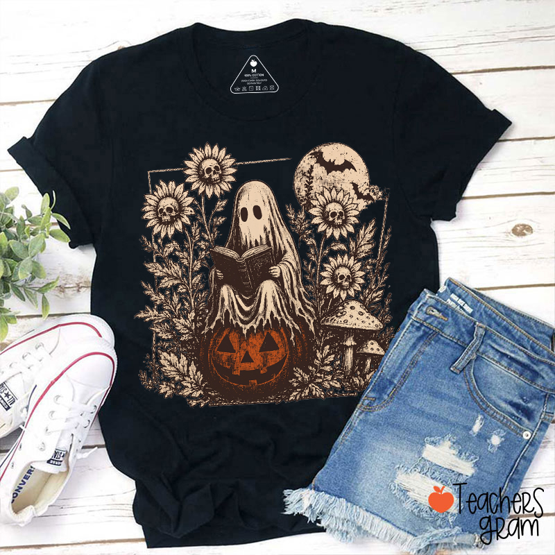 Vintage Halloween Reading Ghost Teacher T‑Shirt