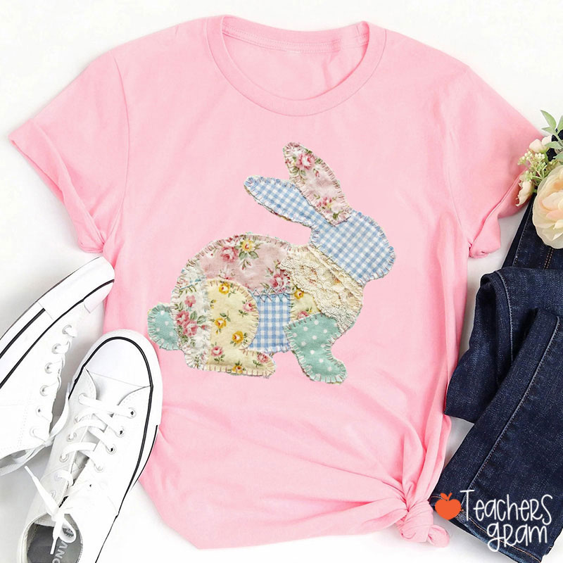 Faux Patchwork Rabbit Easter Vibe Teacher T-Shirt