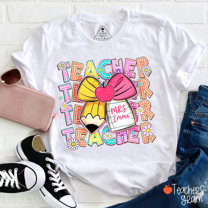 Personalized Name Apple Pencil Bow Teacher T-Shirt