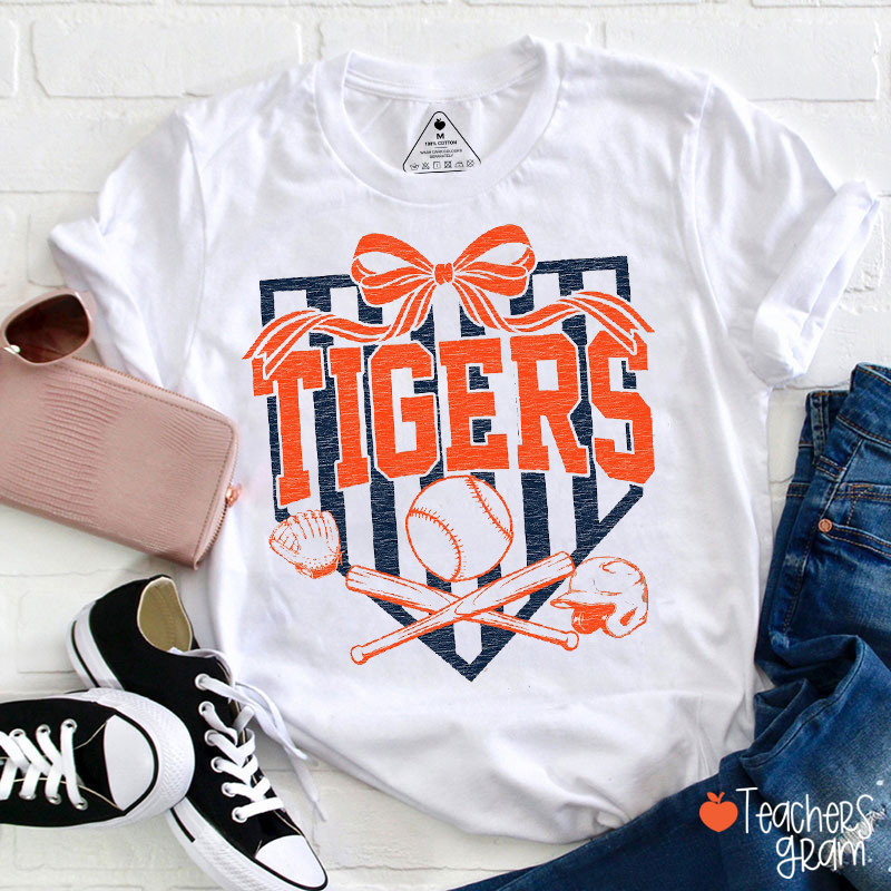 Personalized Mascot Baseball Coquette Bow Teacher T-Shirt