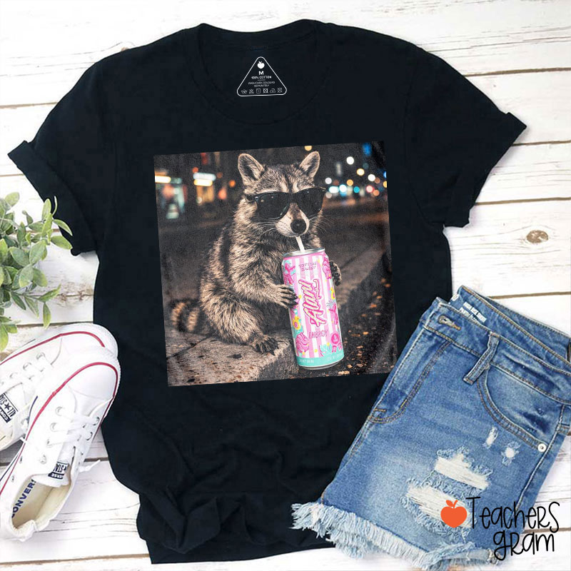 Raccoon Cotton Candy Drink Teacher T-Shirt