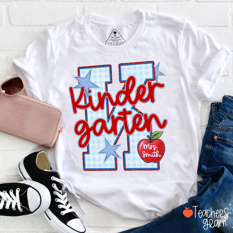 Personalized Name Grade Gingham Star Apple Teacher T‑Shirt