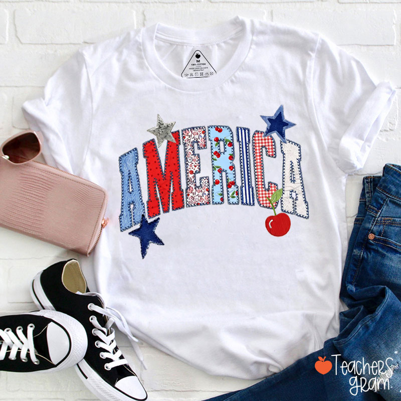 Faux Patchwork America Teacher T-Shirt